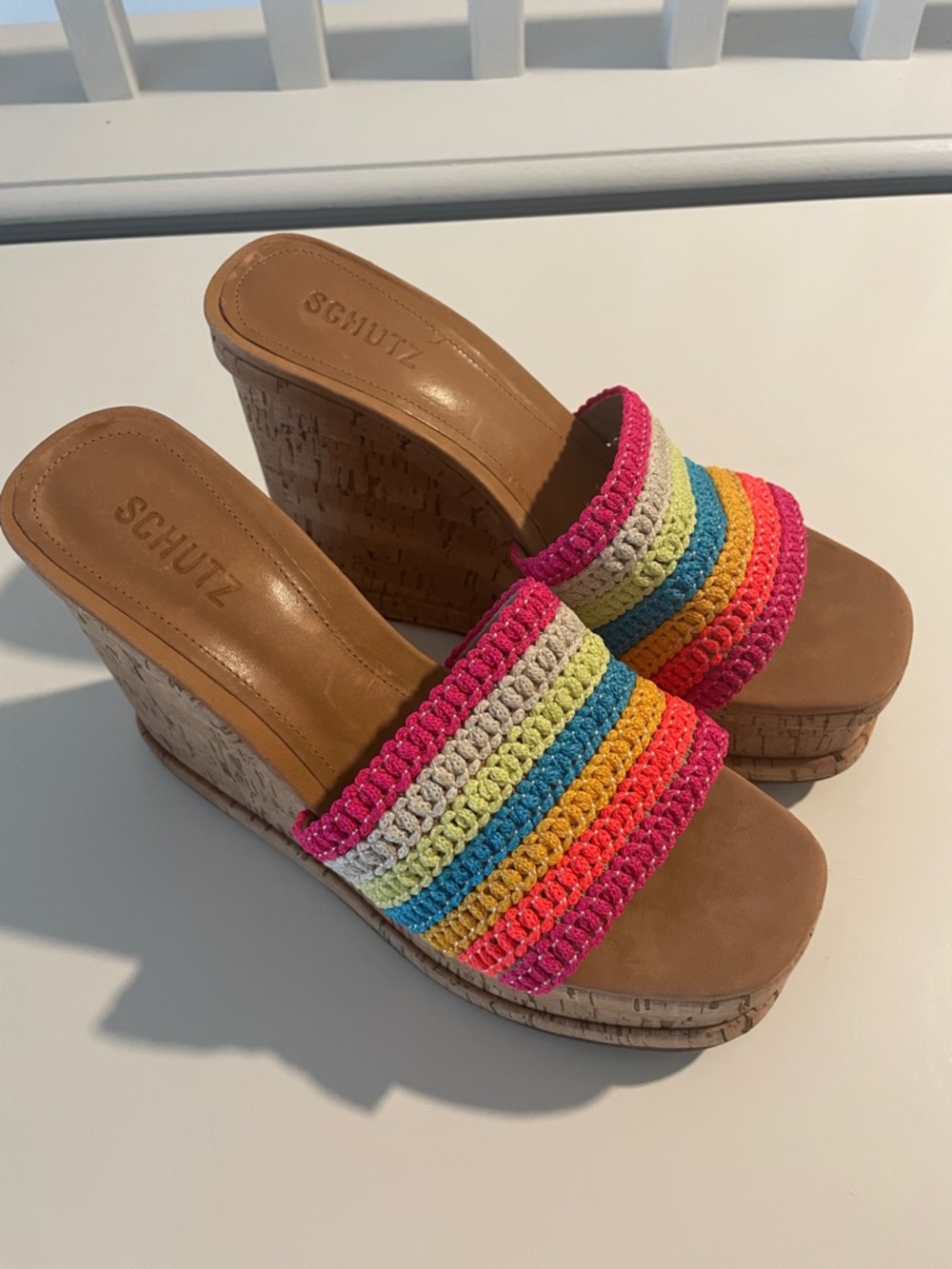 SCHUTZ Dalle Platform Cork Wedge Sandal Multicolor Crochet Strap Size 9.5 - Picture 3 of 7